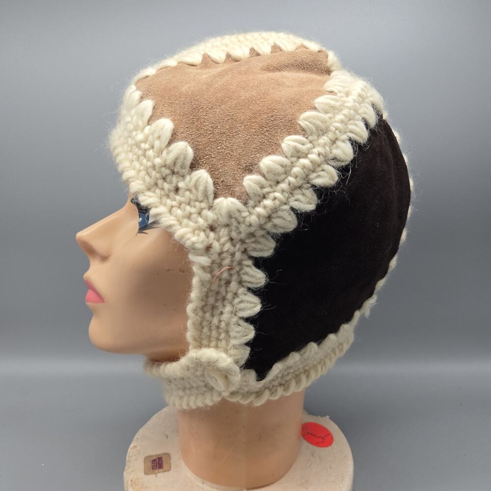Vintage Suede & Knit Wool Aviator-Style Winter Hat Made In Italy